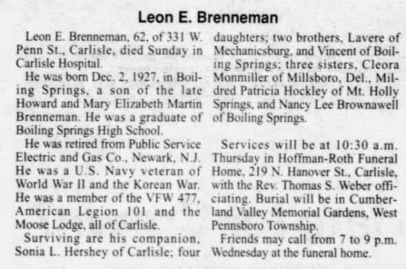 Obituary for Leon E. Brenneman (Aged 62)